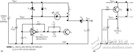 基于KS0713的SG12864-5C液晶显示模块的应用,第2张 基于KS0713的SG12864-5C液晶显示模块的应用, 这一电路利用超低电池电压,可使白色LED产生耀眼的强度 (a)。经过一项改进之后,该电路可以使用更低的电池电压 (b)。 ,第2张