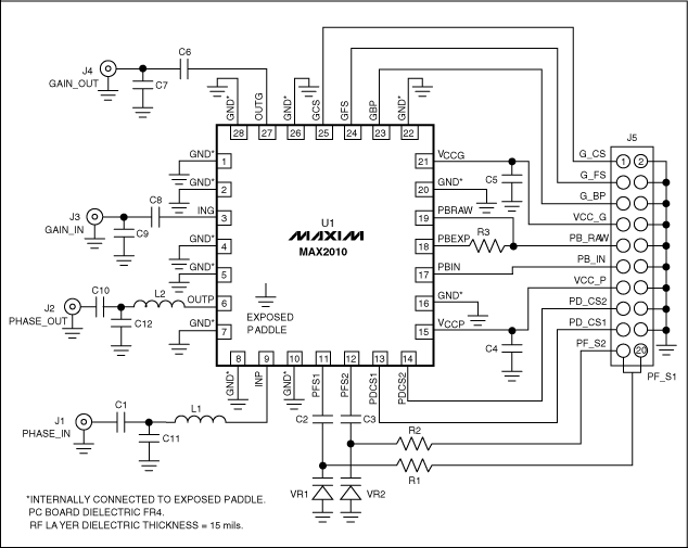 修改MAX2010电路使其工作在450MHz,第2张 修改MAX2010电路使其工作在450MHz,图1. MAX2010评估板原理图,第2张
