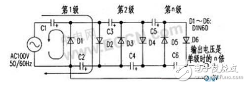 倍压整流电路设计与分析，多倍压电路原理解析，桥式整流电路经典演示,其工作过程是，首先在交流的负半周时交流电源经D1对C1充电，接着在正半周时交流电源与C1上的电压相加经D2对电容器C2充电，充得的电压是电容器C1充电电压的两倍。接下来在负半周时，除了电源经Dl对电容器C1充电之外，交流电源还与C2上的电压叠加经D3对C3、C1充电，C3上的充电电压是C1上的两倍。在正半周时交流电源与C1上的电压叠加，除了经D2对电容器C2充电之外，还与C1、C3上的电压叠加经D4对电容器C4和C2充电，C4上充得的电压是电容器C1上电压的两倍。,第7张